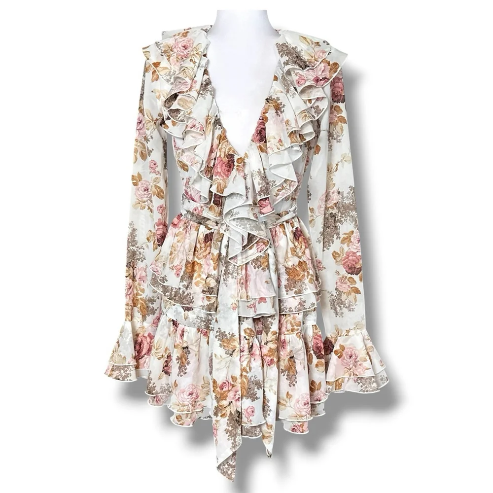 Ronny Kobo Small Palmero Dress Muted Floral Tiered V Neck Ruffles EUC $528